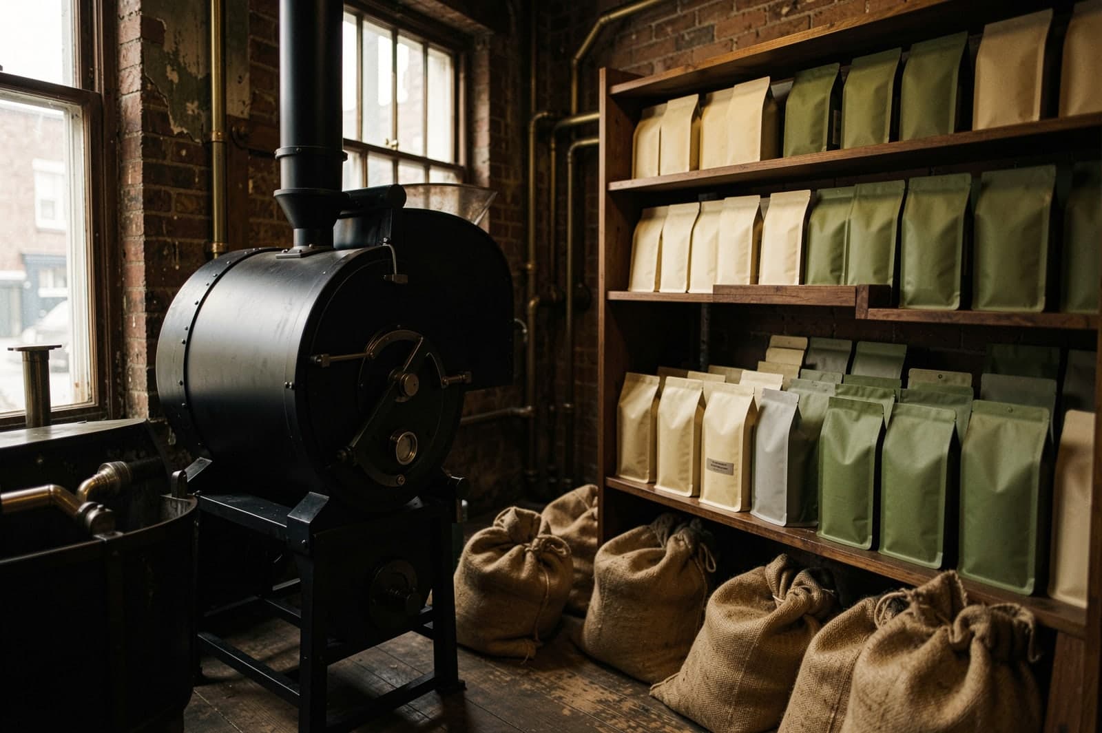 Shelves of coffee bags and a drum roaster in a bright roastery with a wooden floor