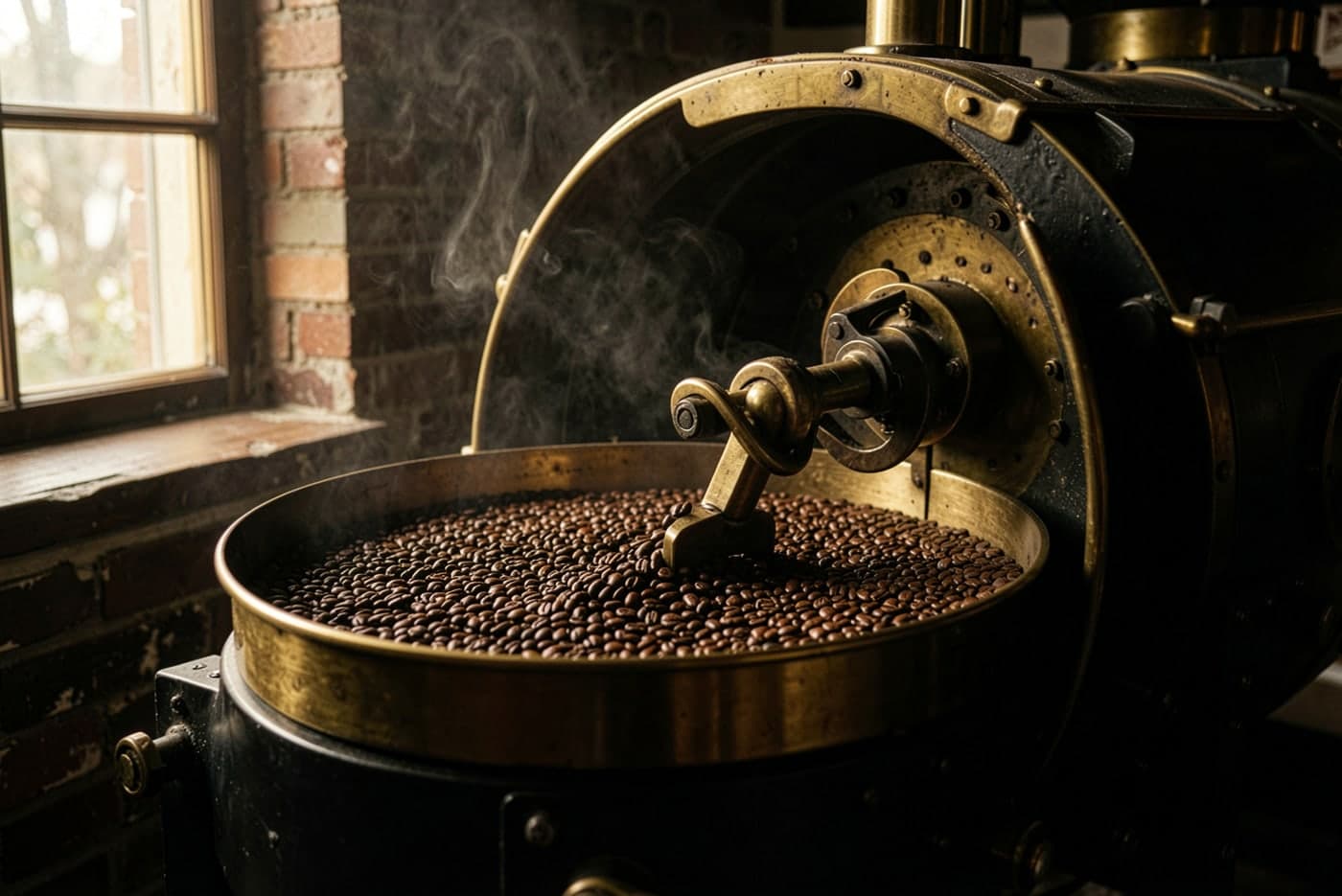 Freshly roasted coffee beans turning in the cooling tray of a drum roaster