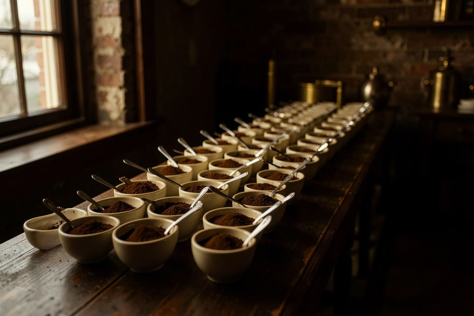 Cupping bowls of ground coffee and spoons on a wooden table in warm light