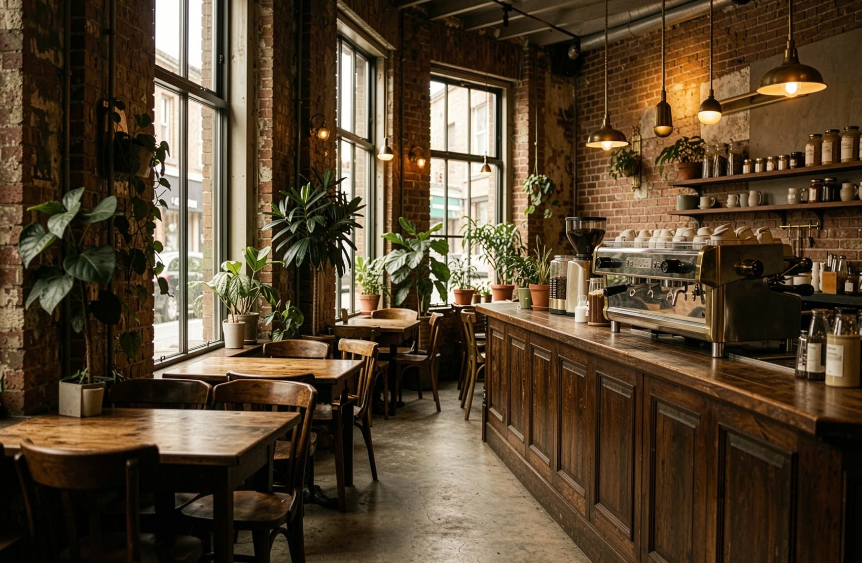 A bright café with wooden tables and tall steel-framed windows